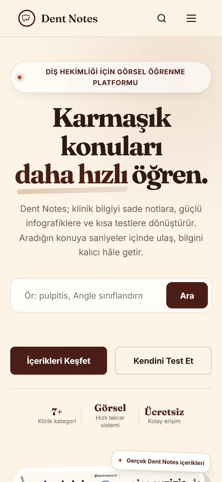 Dent Notes görsel öğrenme platformunun mobil ana sayfası